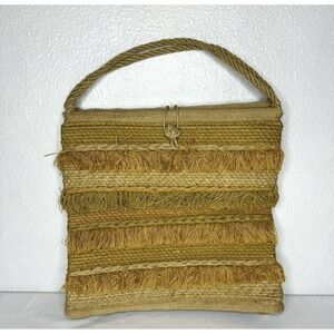 Vintage Jute Fringe Purse Hand Bag Tote‎ Rope Handle 60s 70s Striped Boho Beach